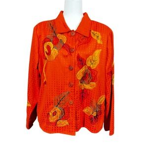 Alex Kim Jacket Womens L Orange Art To Wear Embroidered Fall Teacher‎ Halloween